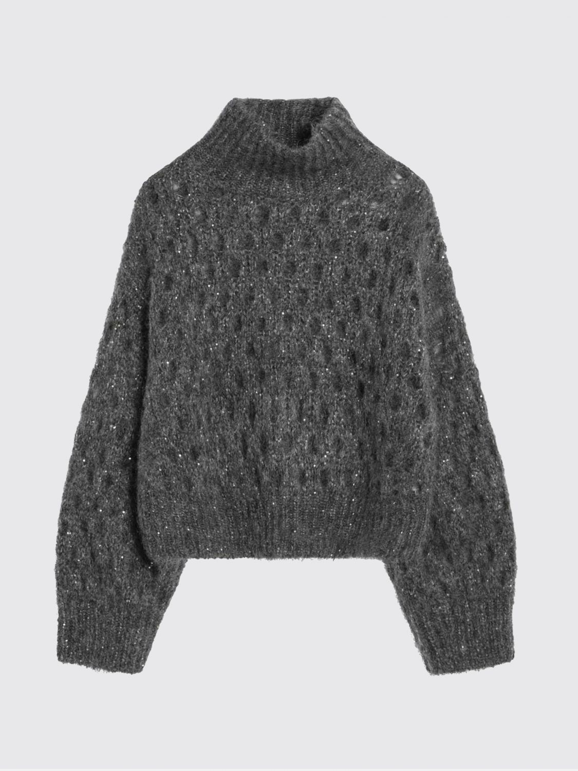 Brunello Cucinelli Grey Openwork Turtleneck Sweater In Gray