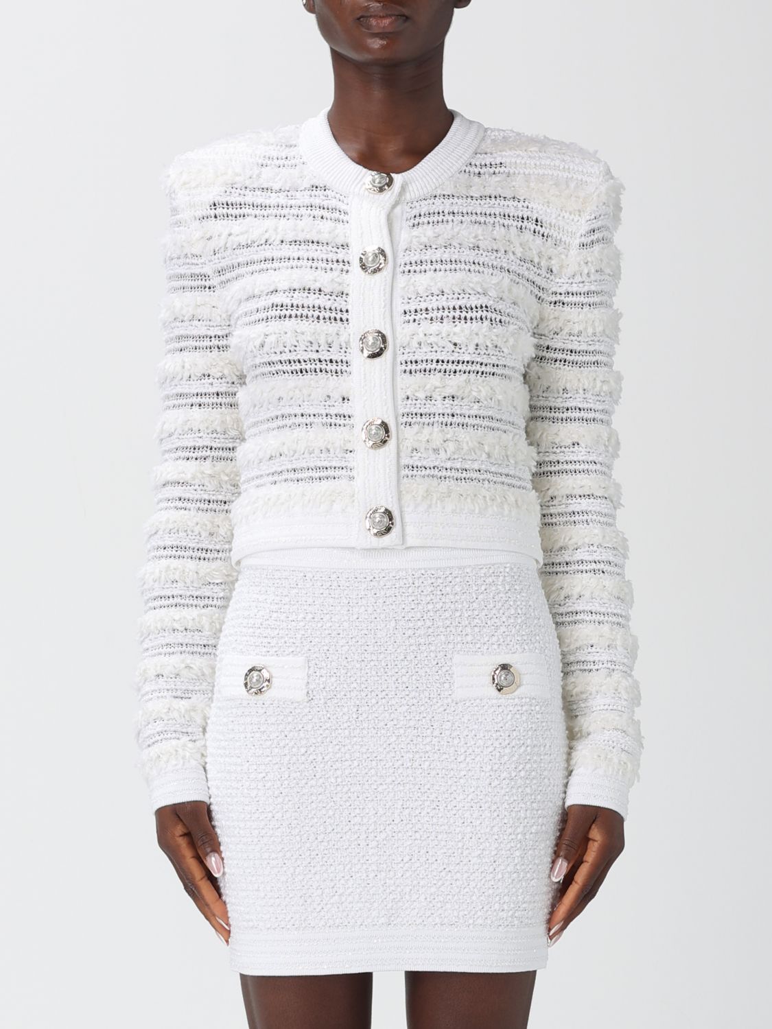 Balmain Tweed Knit Cardigan Featuring Shoulder Pads In White