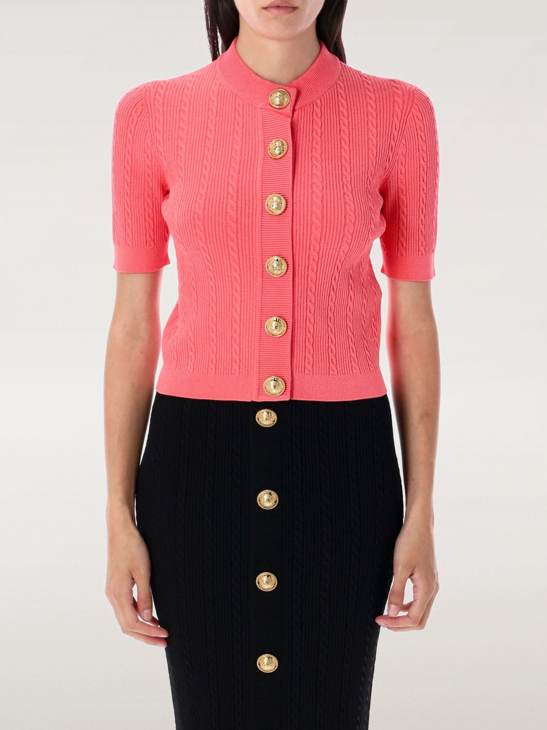Balmain Button Embellished Knitted Cardigan In Pink