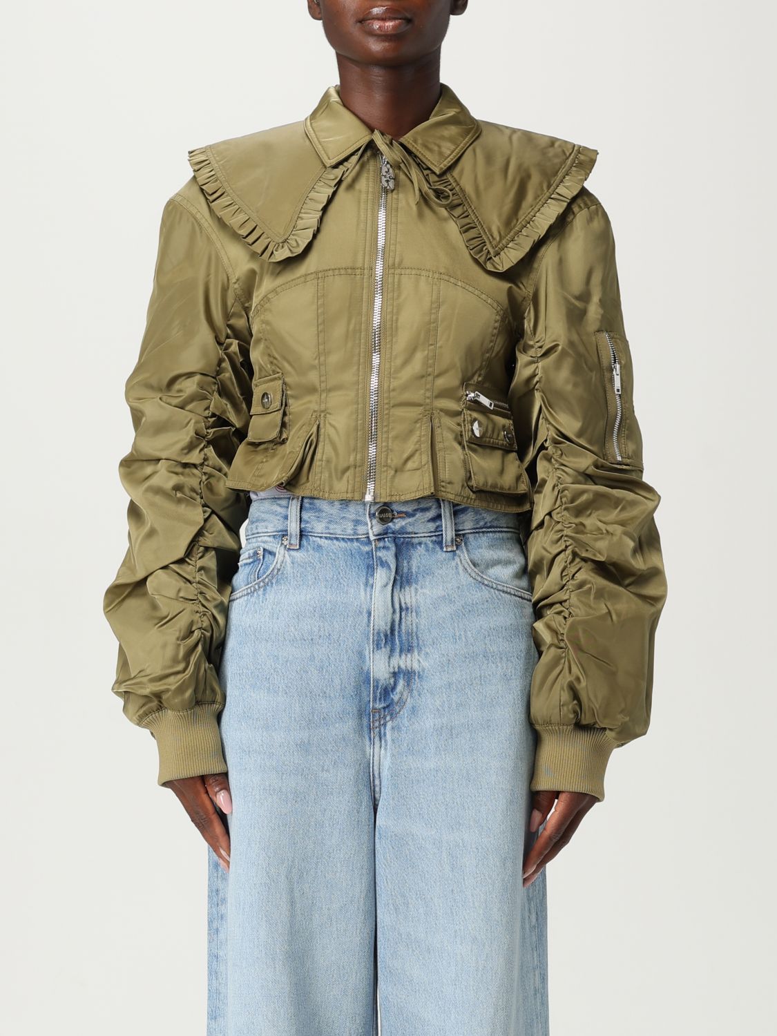 Ganni Short Nylon Bomber Jacket In Green