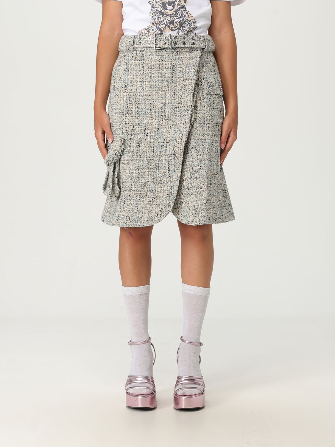 Ganni Tweed Midi Skirt In Gray