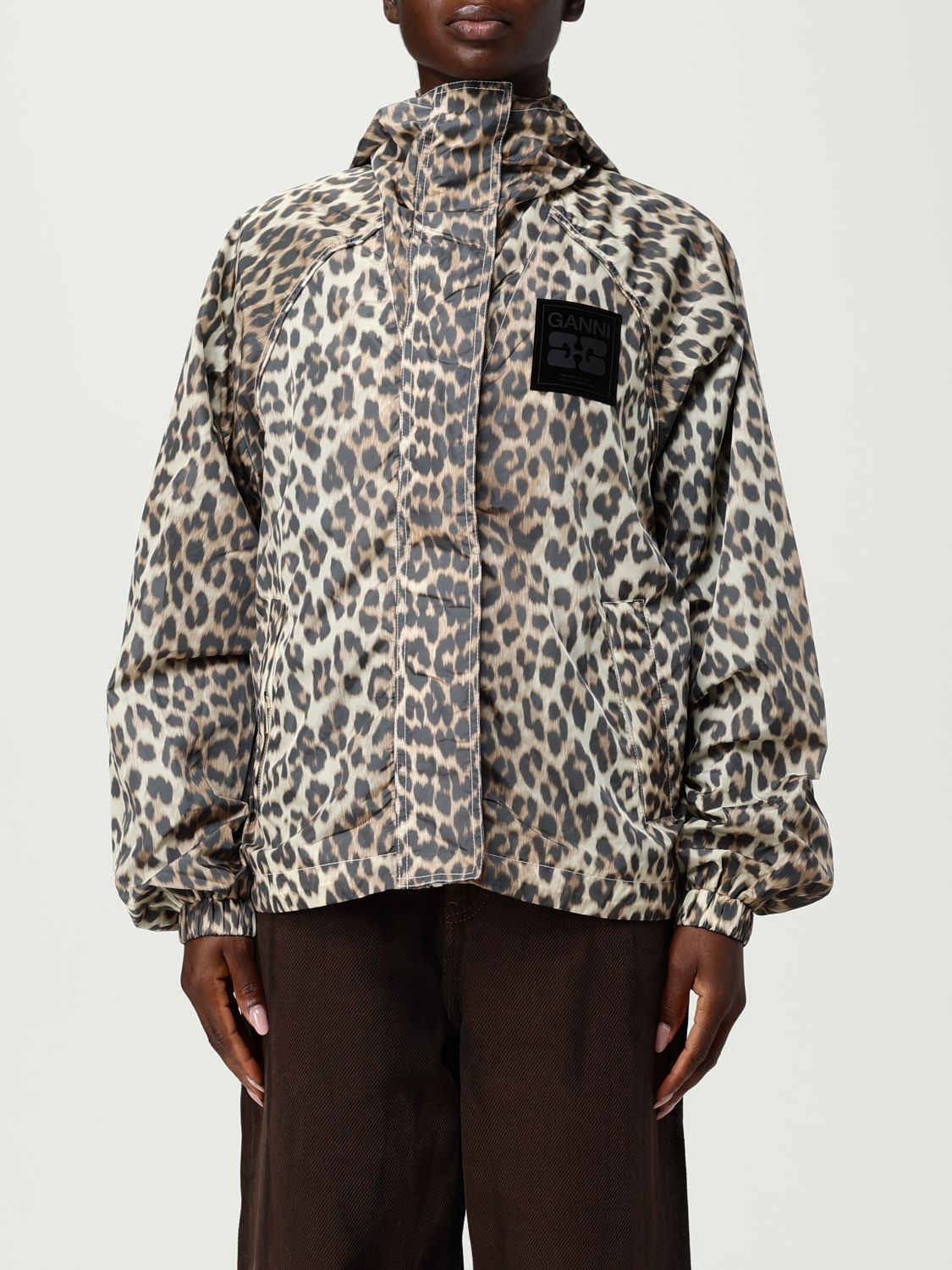 Ganni Leopard Raincoat Jacket In Brown