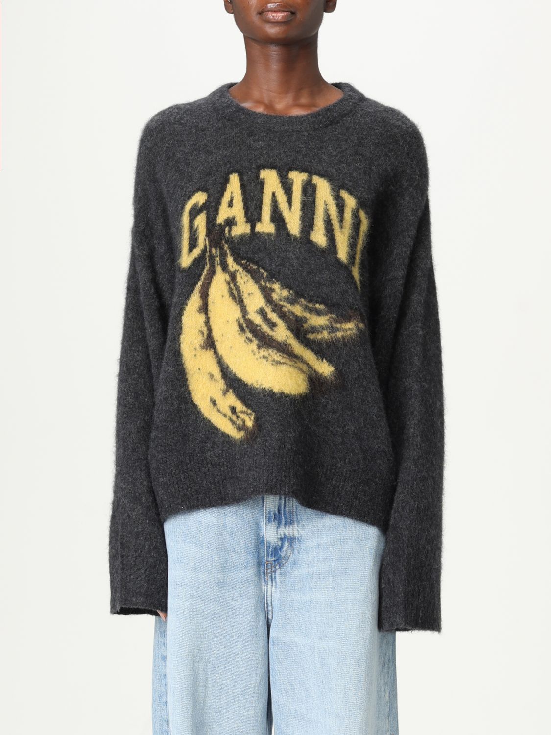 Ganni Jersey With Banana And Logo In Black