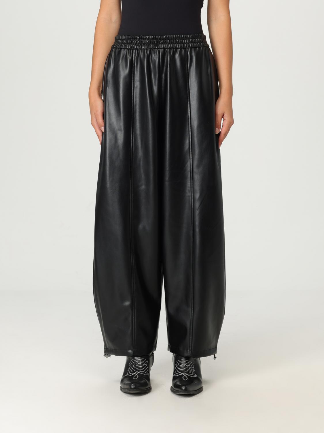 Pinko Wide Leg Faux Leather Trousers With Drawstring Hem In Black