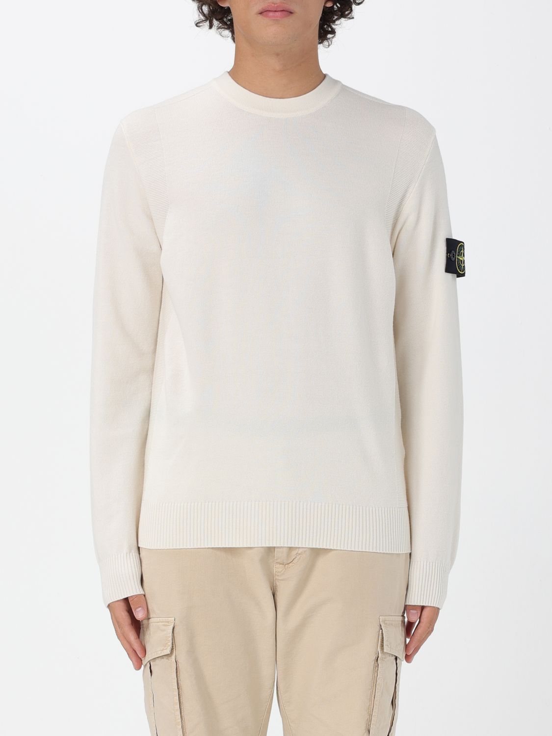 Stone Island Ribbed Knit Sweater With Crew Neckline And Logo Patch In White