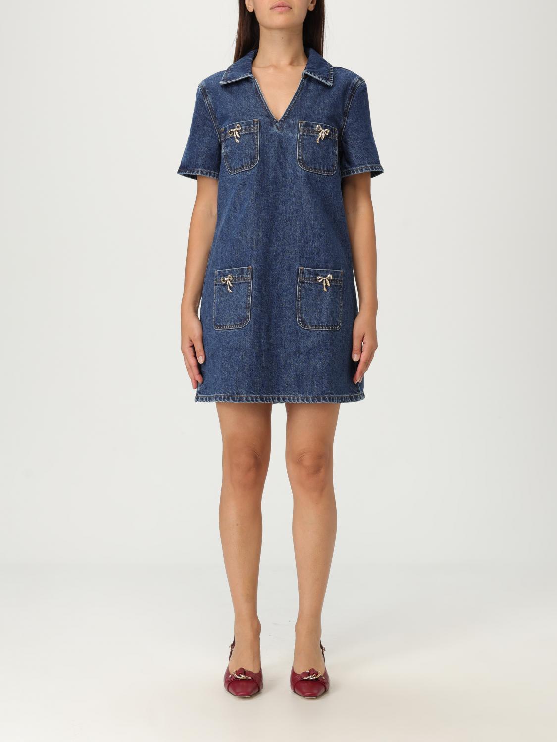 Self-portrait Denim Crystal Bow Mini Dress In Blue