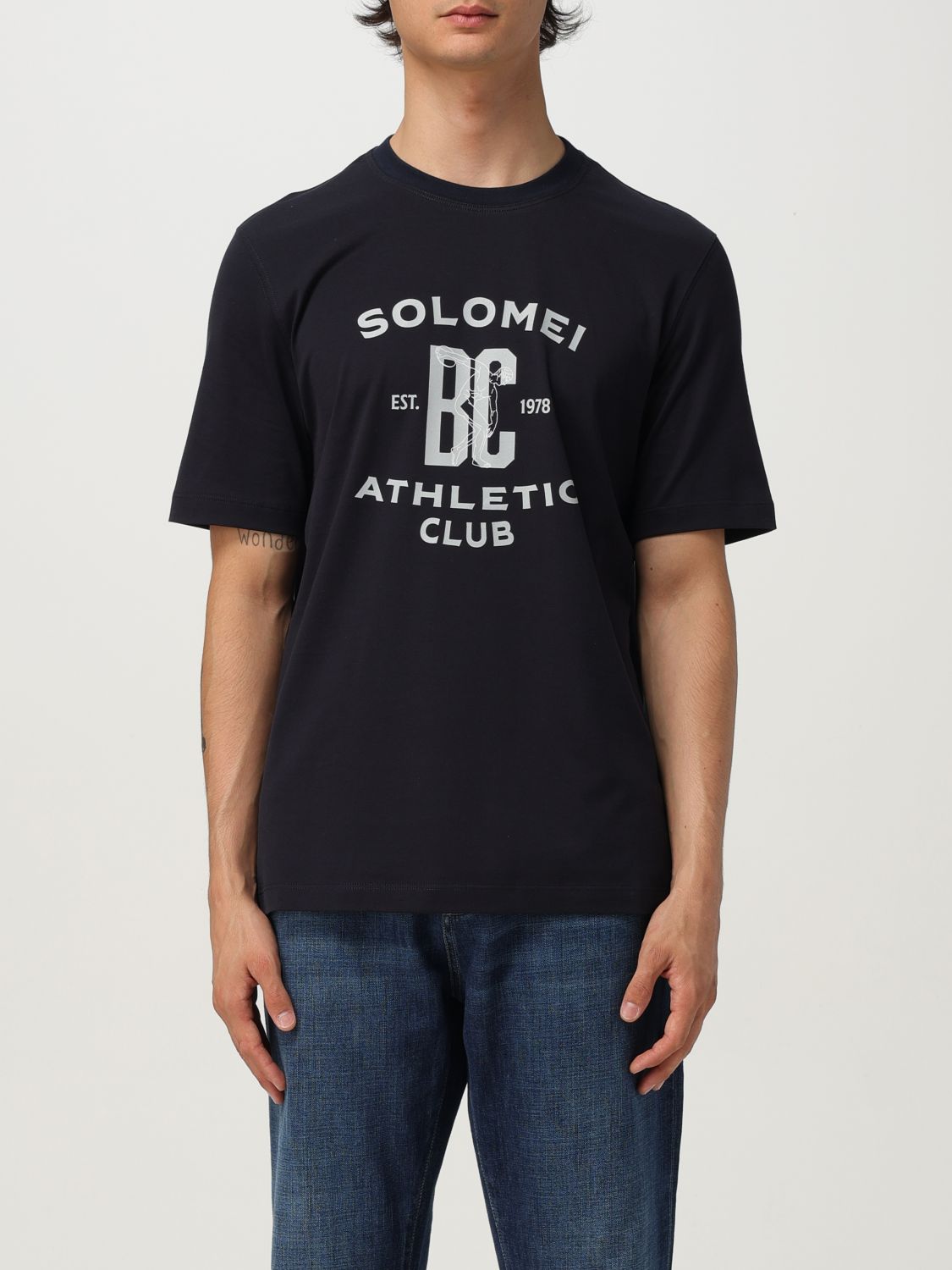 Brunello Cucinelli Graphic Print Crew Neck T-shirt With Side Slits In Blue