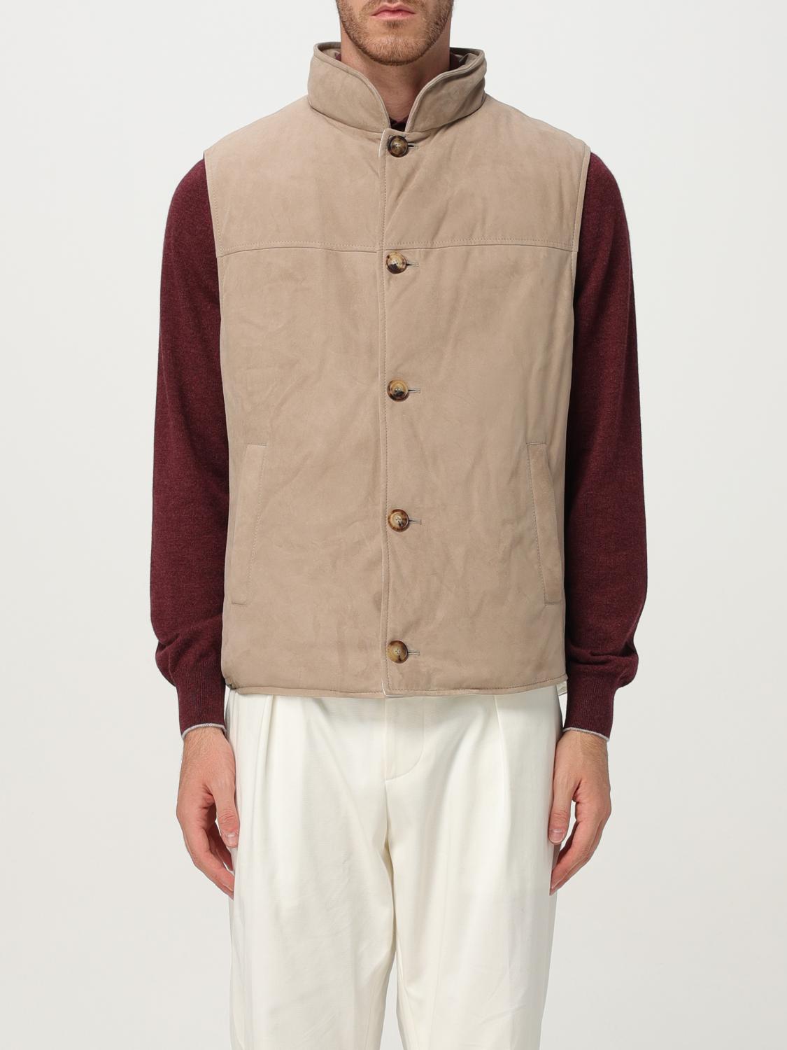 Brunello Cucinelli Beige Suede Sleeveless Down Jacket In Gold
