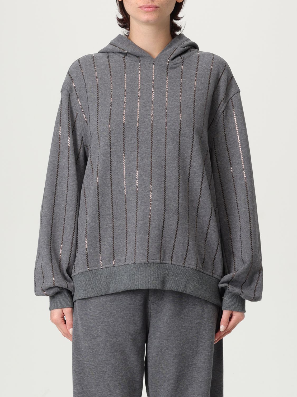 Brunello Cucinelli Cotton Sequin-stripe Hoodie In Gray