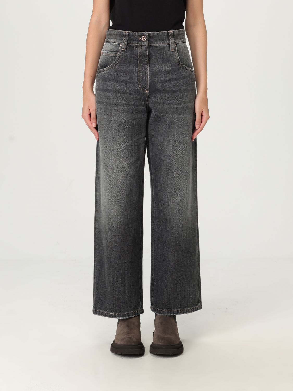 Brunello Cucinelli Dark Grey Classic Five-pocket Trousers With Concealed Fly In Gold