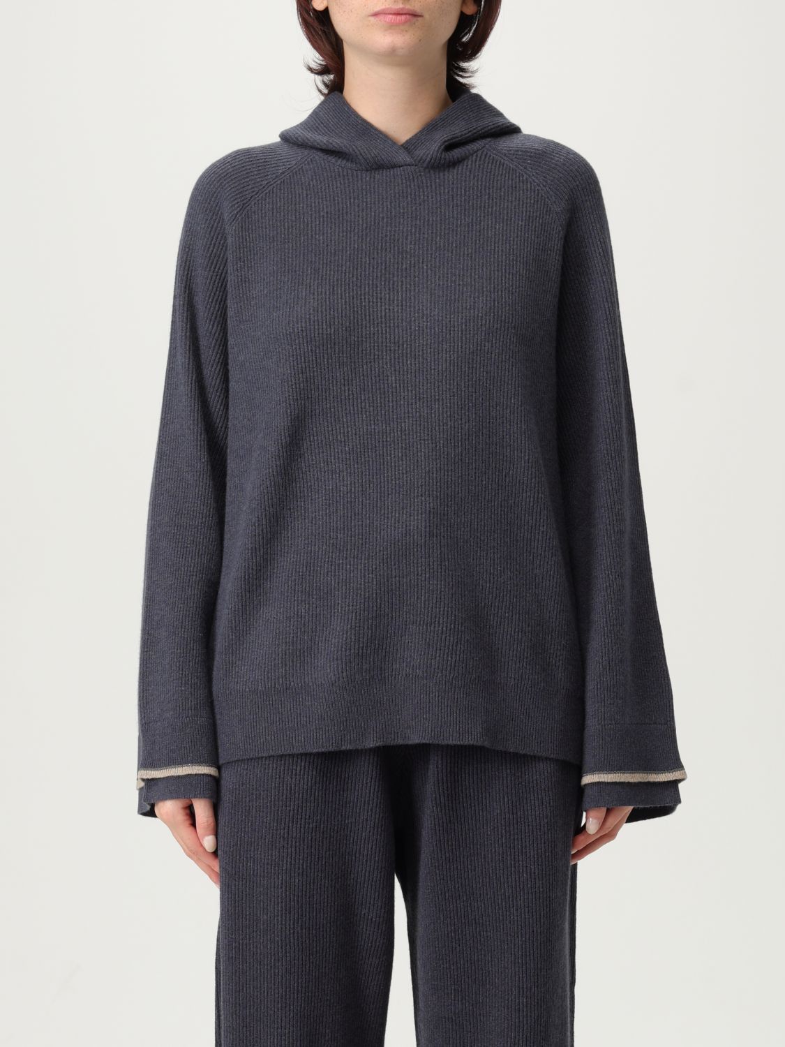 Brunello Cucinelli Ribbed Texture Hooded Sweater With Long Sleeves In Blue