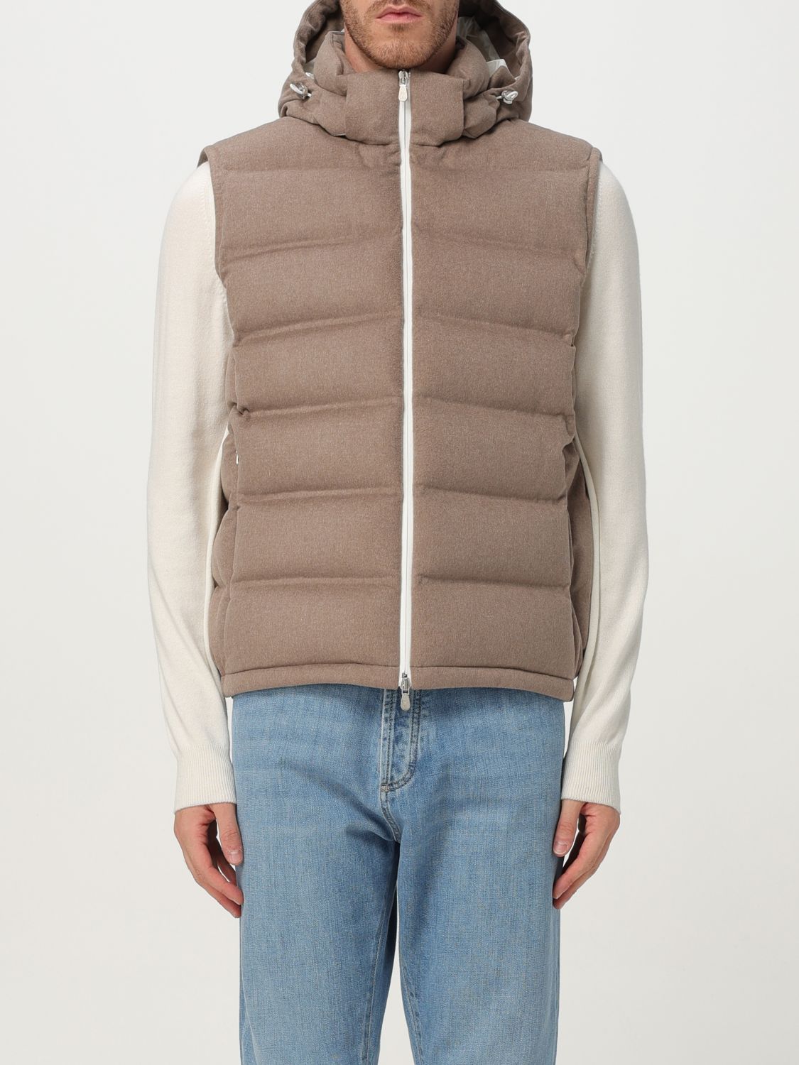 Brunello Cucinelli Men Sleeveless Wool Down Jacket With Detachable Hood In Brown