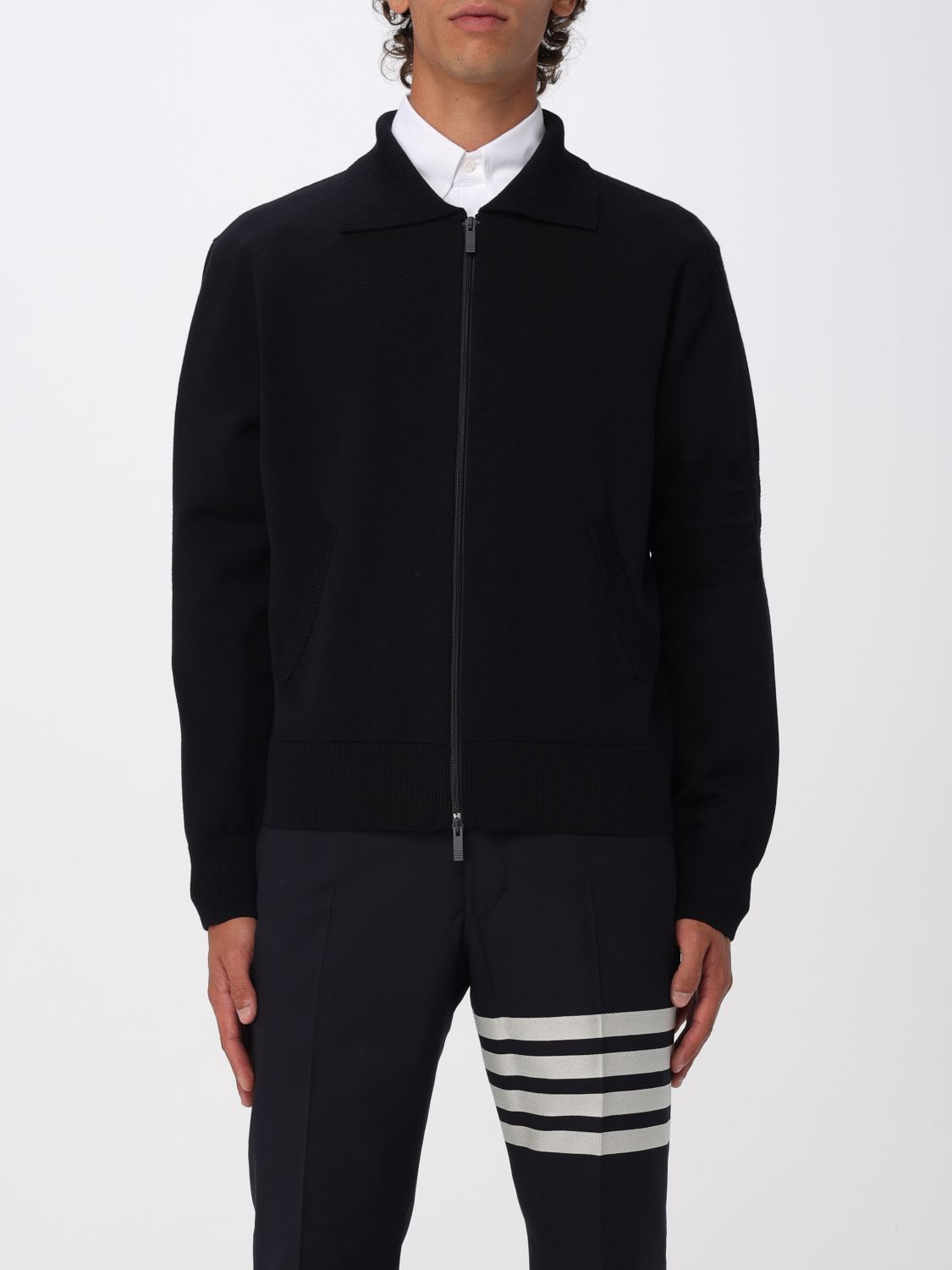 Thom Browne Double Face Zip Wool Blend Cardigan In Blue