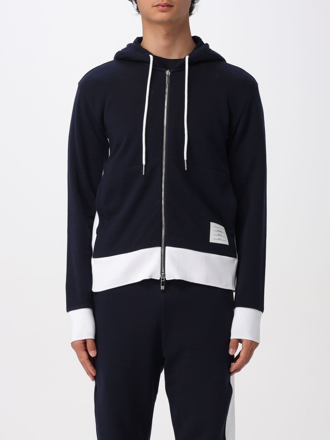 Thom Browne Zip Up Hoodie With Engineered 4 Bar In Color Blocked Solid Classic Loopback Jersey In Blue