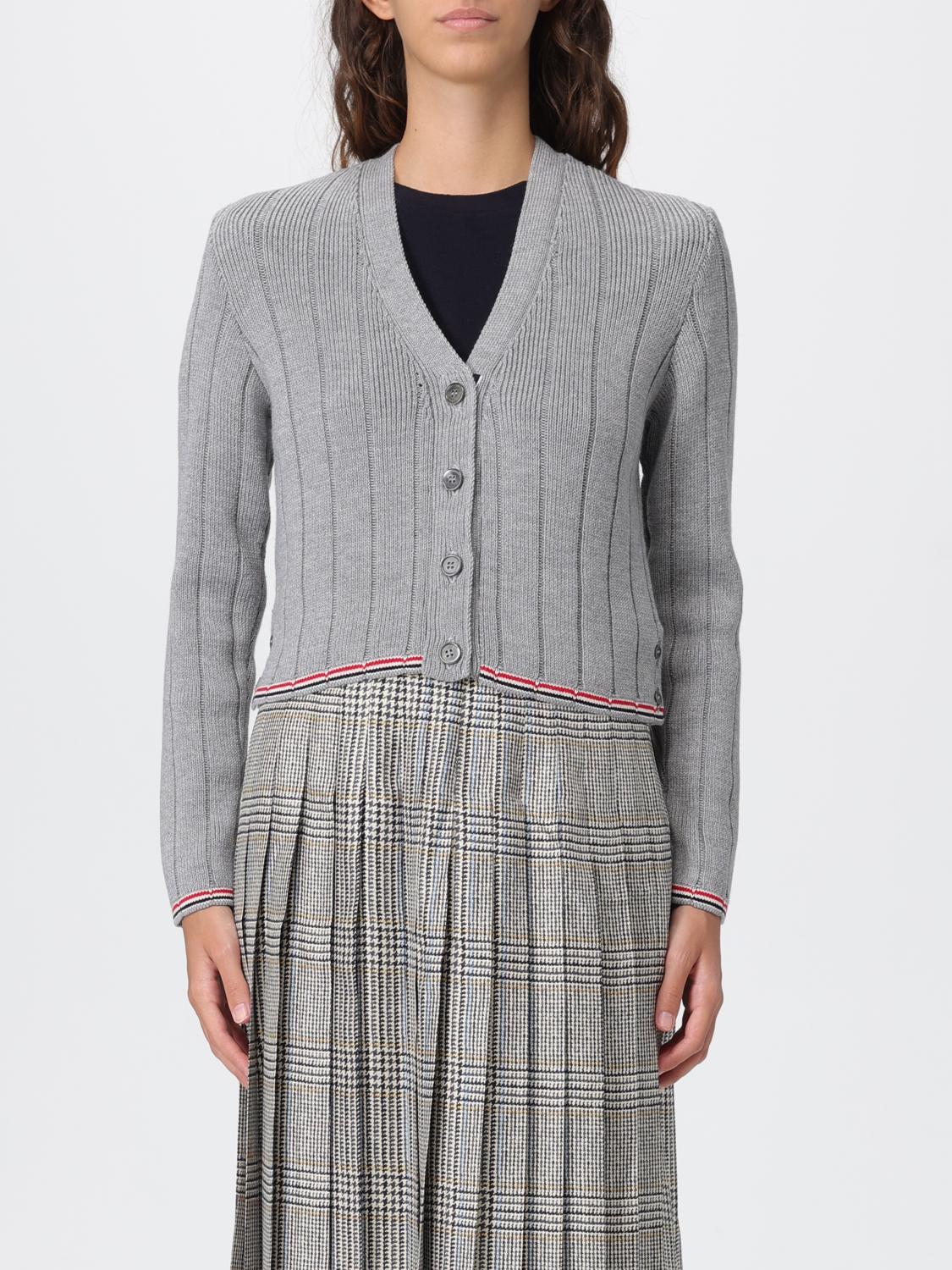 Thom Browne Ribbed Knit Cardigan With Cropped Silhouette And Striped Trim In Gray
