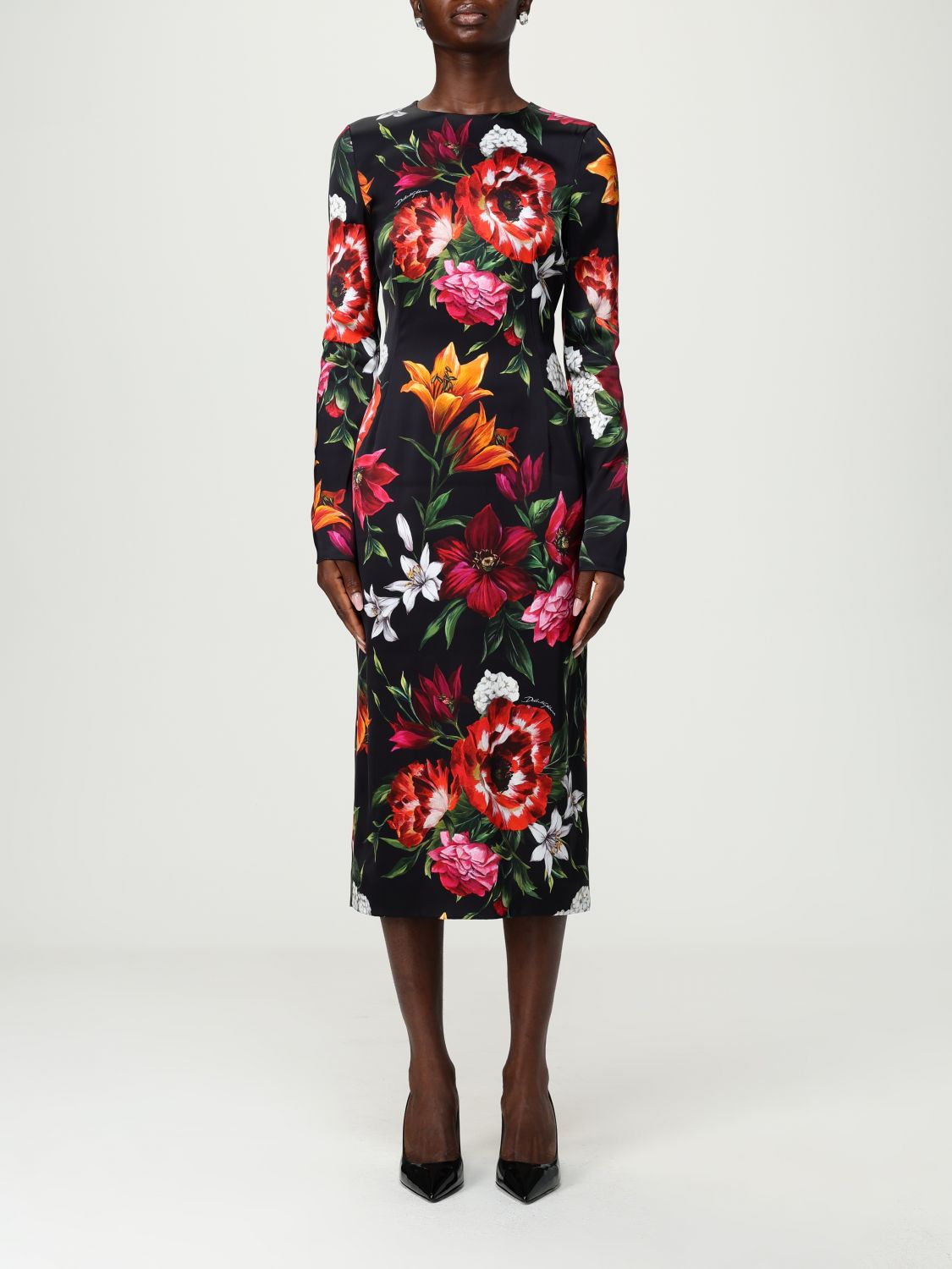 Dolce & Gabbana Flower Print Satin Midi Dress In Multi