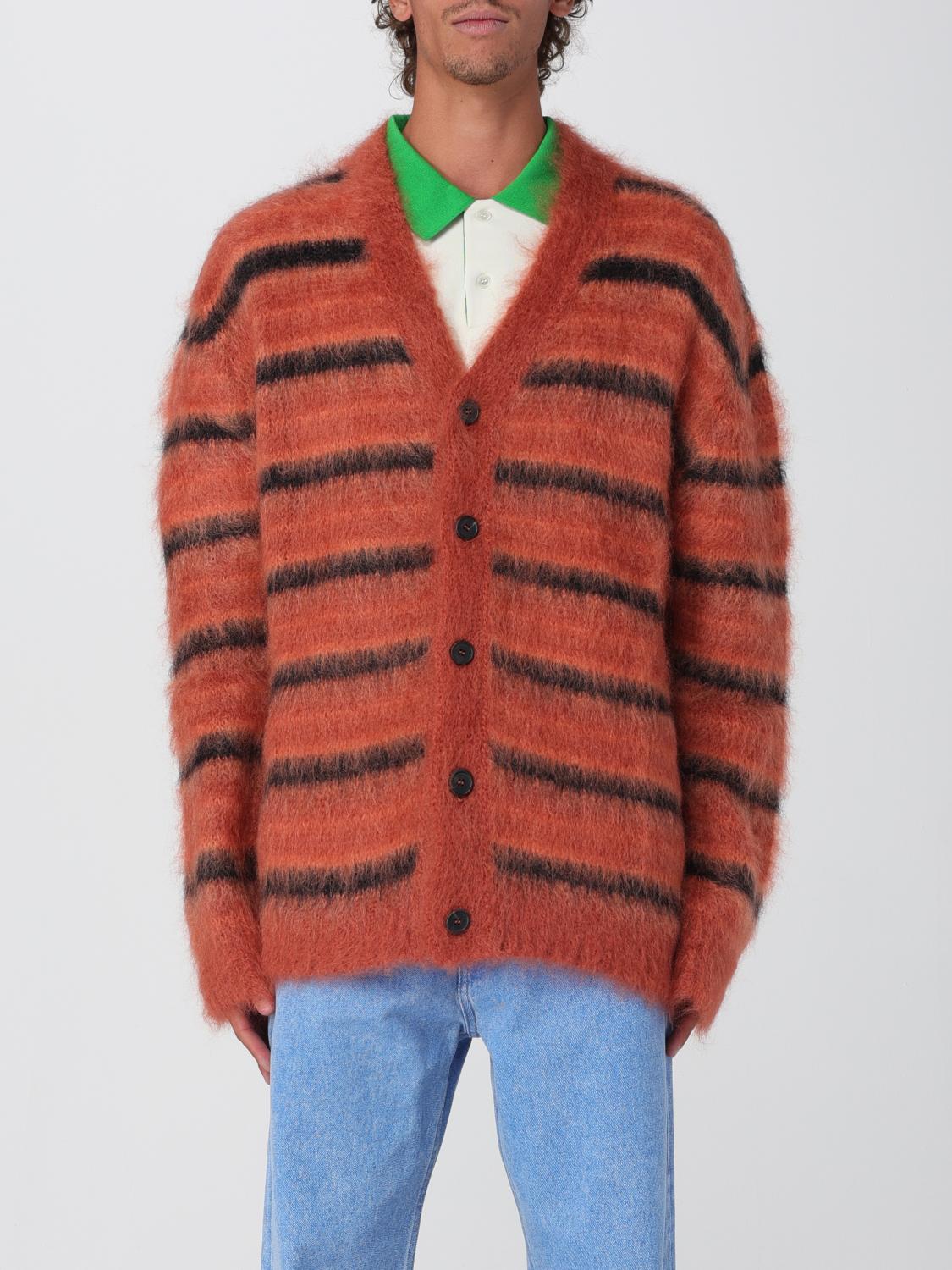 Marni Striped V-neck Ribbed Cardigan With Long Sleeves In Burgundy