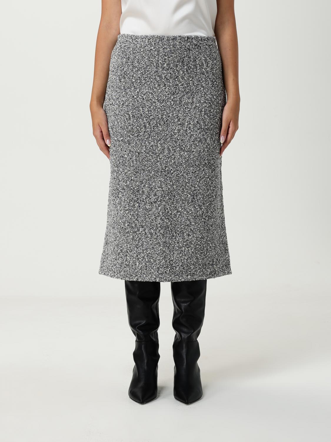 Tory Burch Mid-calf Tweed Skirt With Textured Fabric And Smooth Waistband In Gray