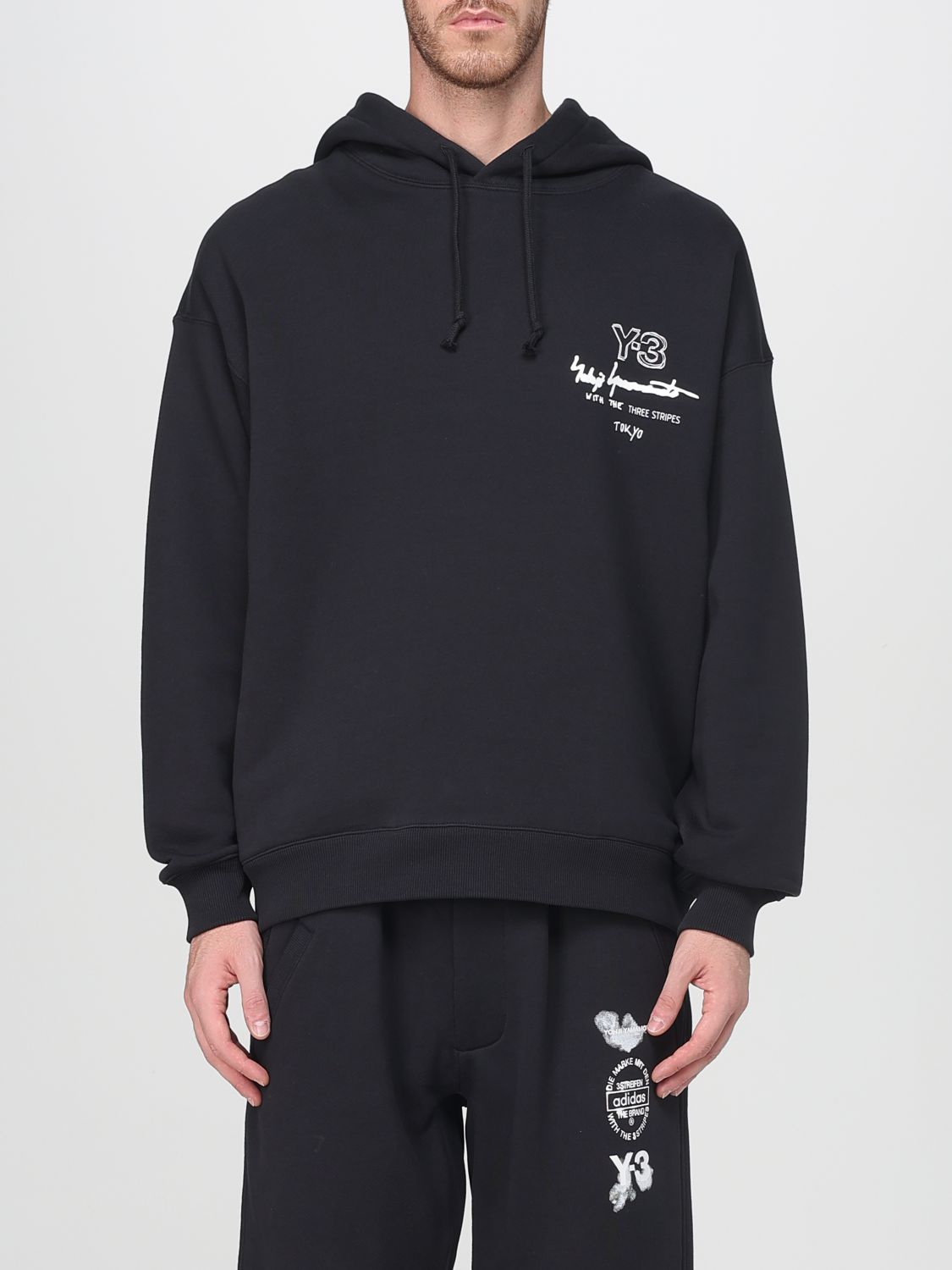 Y-3 Graphic-print Black Cotton Hoodie With Drawstring Hood In Black