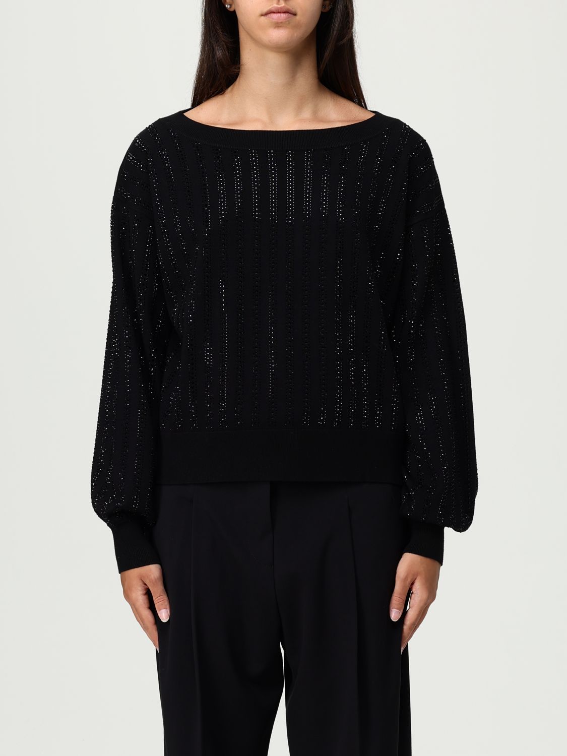 Liu •jo Liu Jo Cropped Sweater With Wide Neckline And Voluminous Sleeves In Black