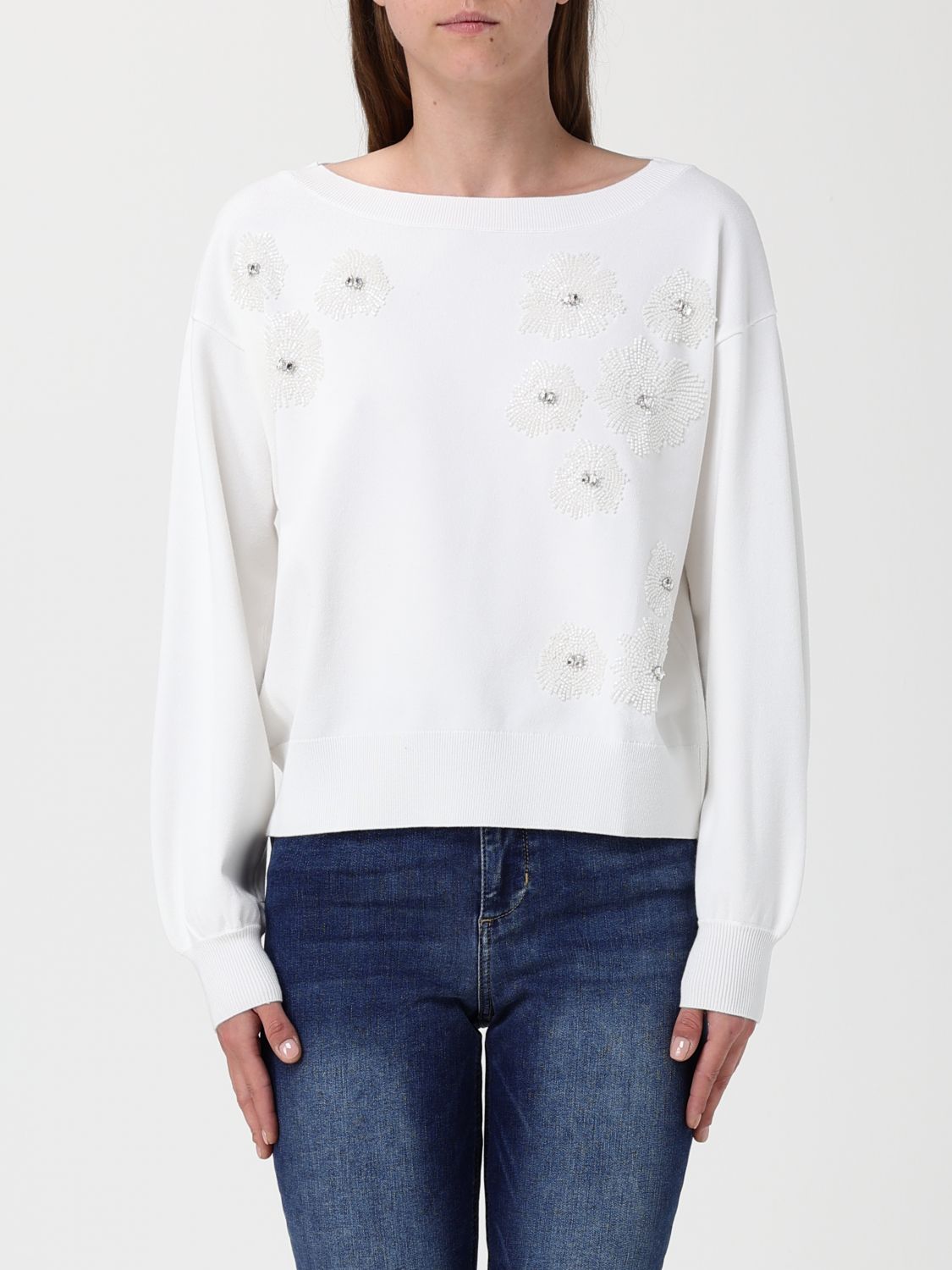 Liu •jo Relaxed Fit White Sweater With Floral Embellishments In White