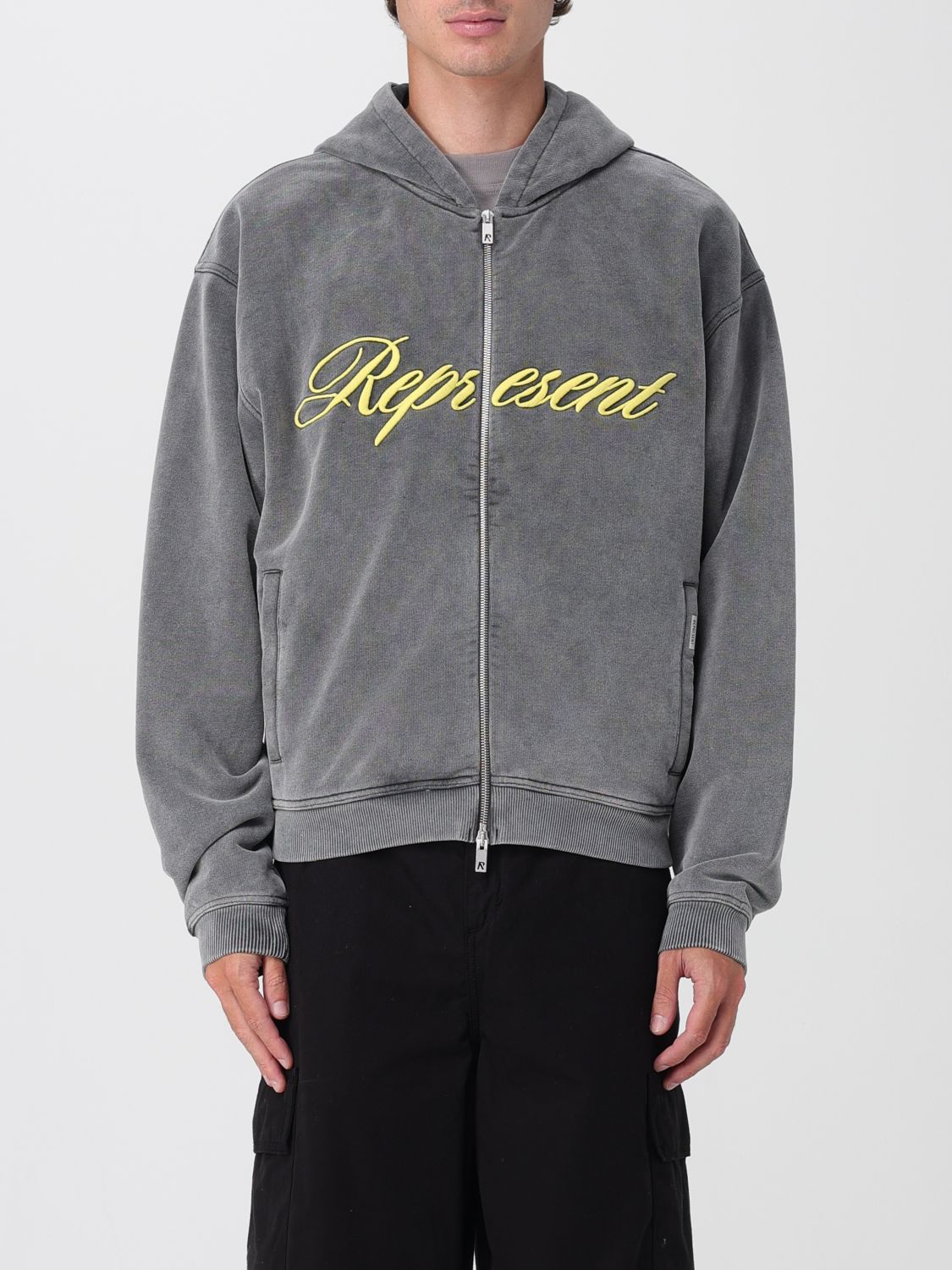 Represent Mens Script Logo Zip-up Cotton Hoody Vintage Grey In Gray