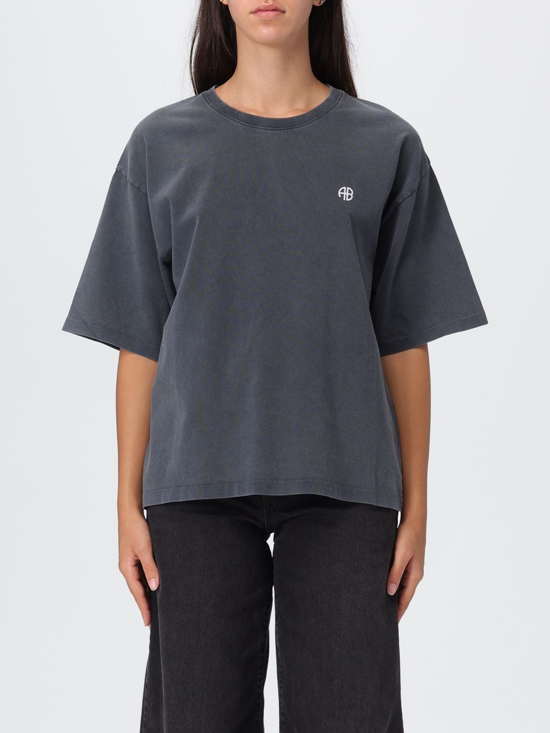 Anine Bing Womens Washed Black Rudy Brand-print Cotton-jersey T-shirt In Blue