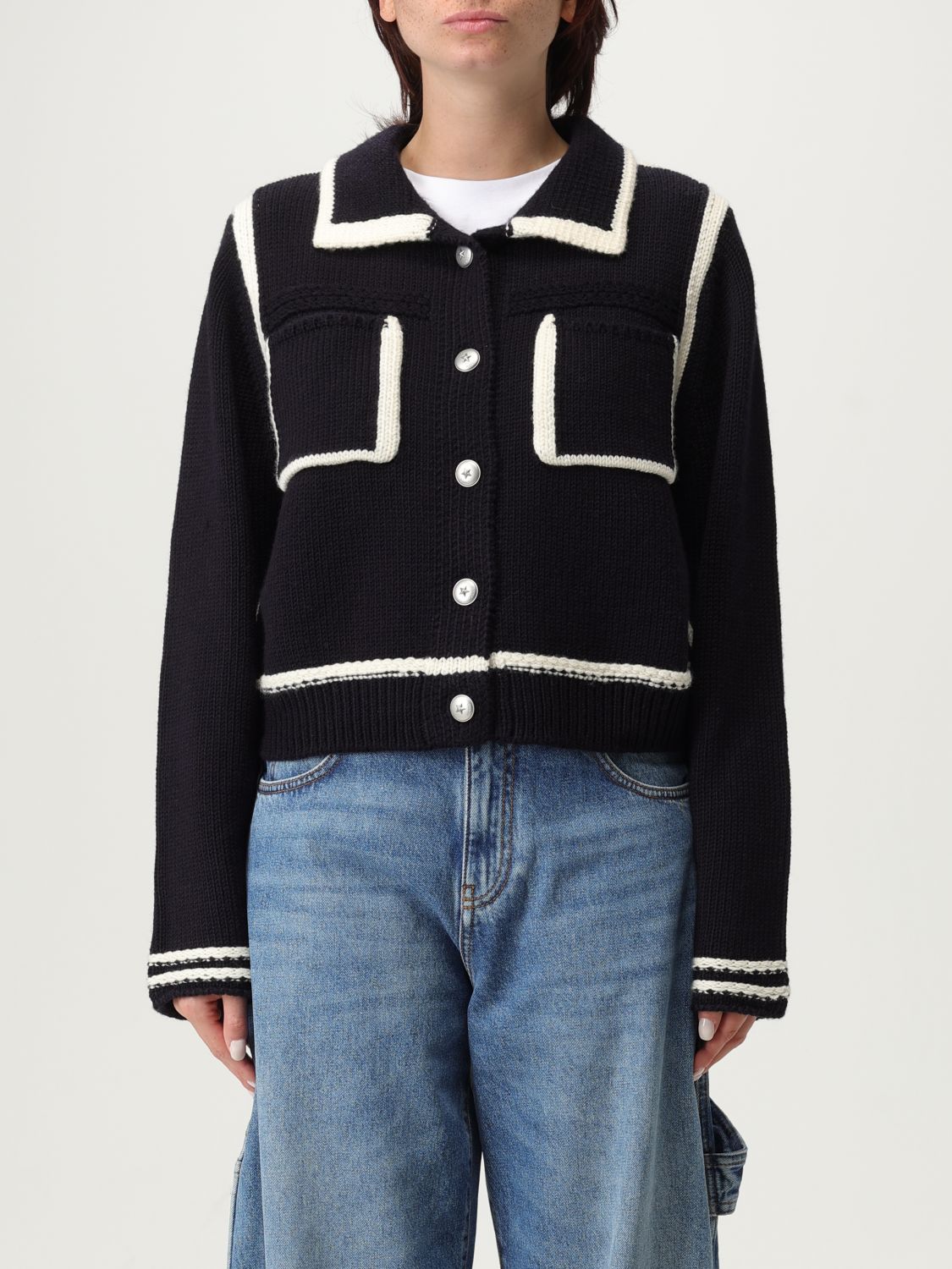 Pinko Sulcis Wool Collared Cardigan Sweater In Black
