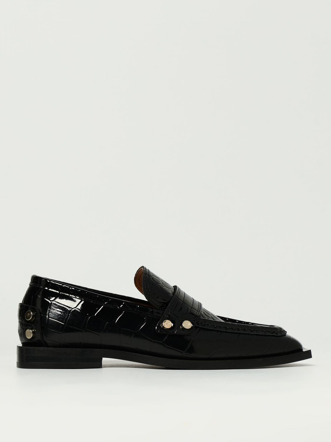 Ganni Croc Embossed Square Toe Loafer In Black