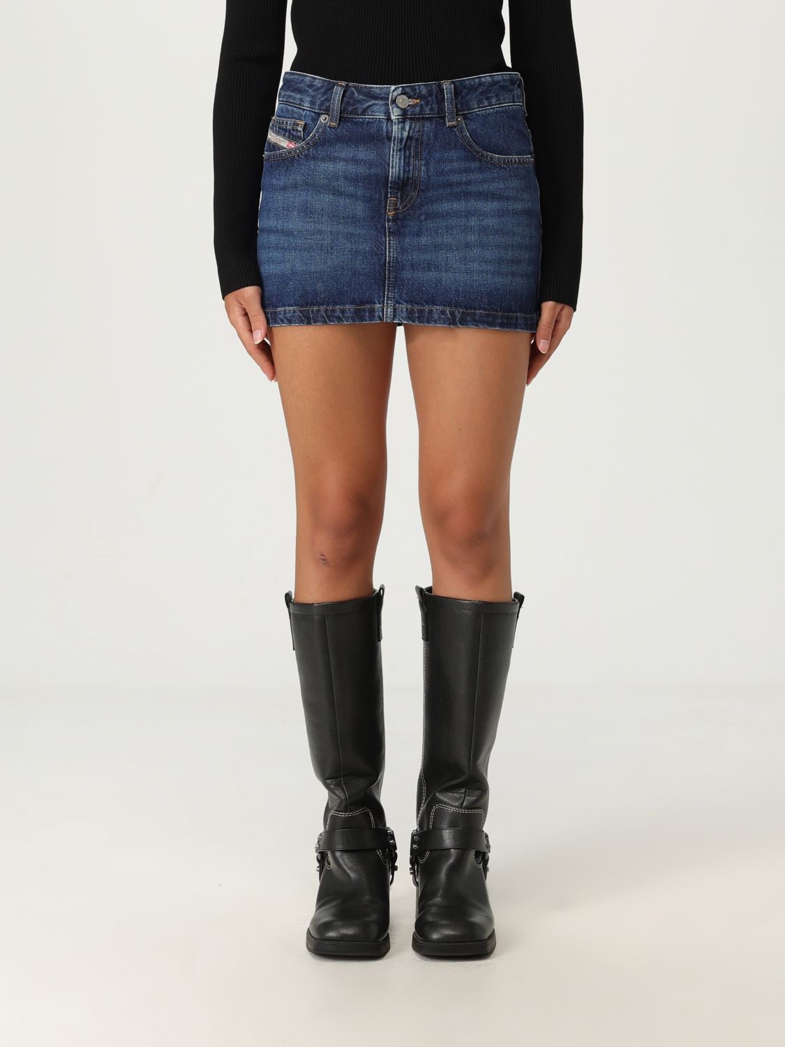 Diesel Logo Detailed Denim Mini Skirt In Blue