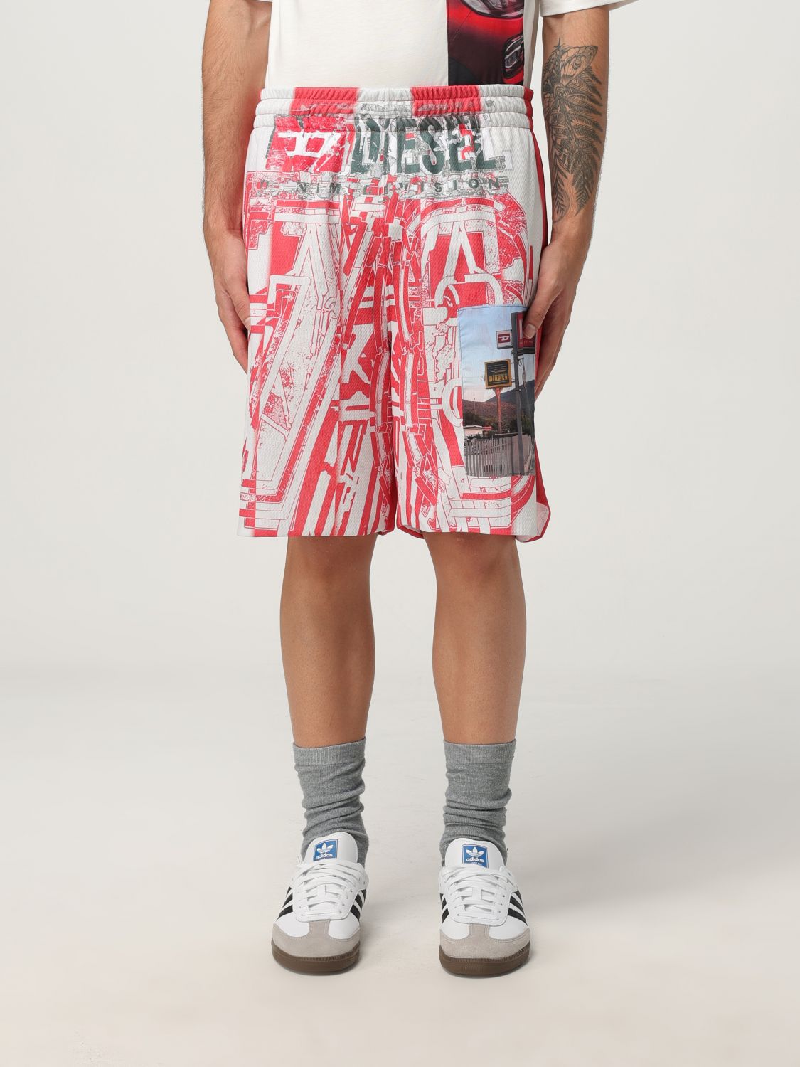 Diesel Graphic Print Elastic Waistband Shorts With Back Pocket In Red