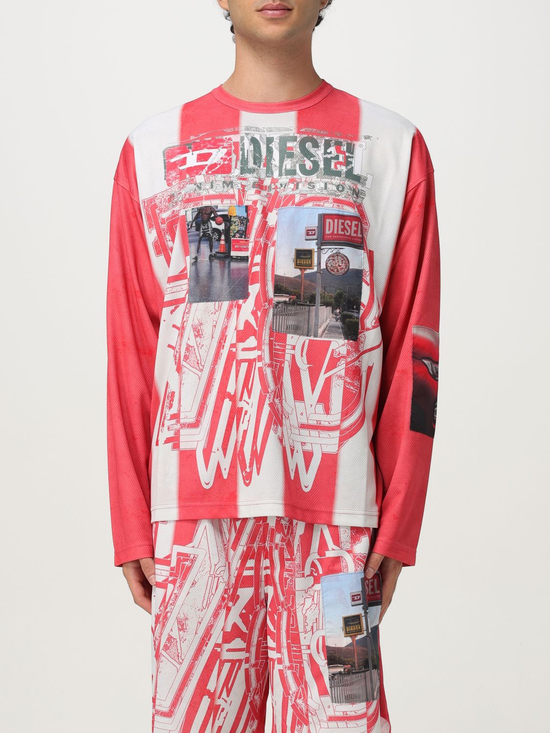 Diesel Striped Long-sleeve T-shirt With Photo Patches In Red