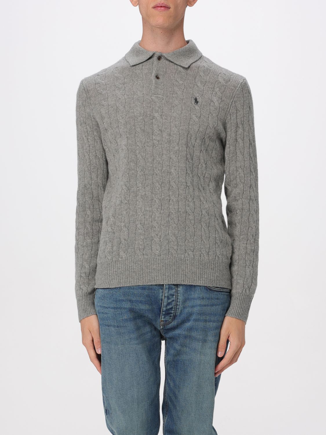Polo Ralph Lauren Braid-patterned Heather Grey Long Sleeve Polo Pullover In Gray