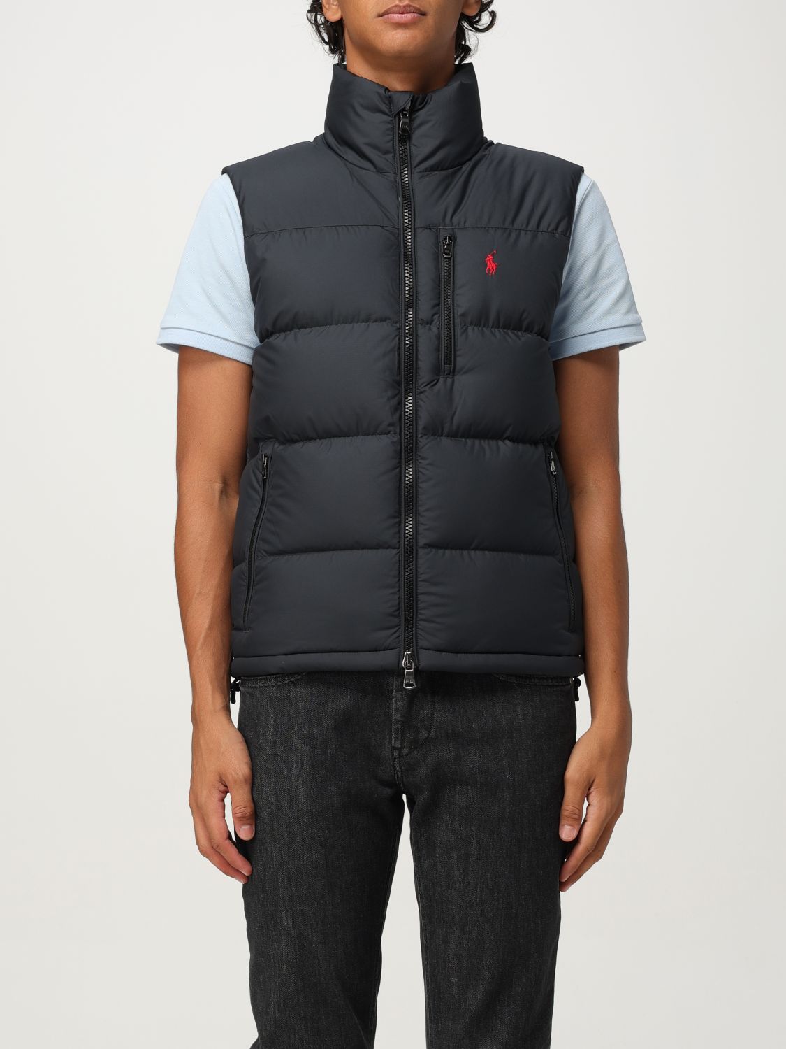 Polo Ralph Lauren Black Vest With High Collar And Double-slider Zipper In Blue