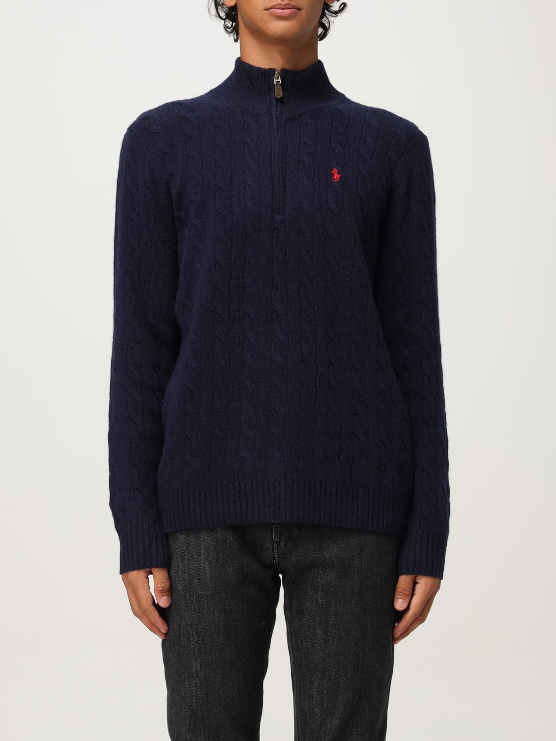 Polo Ralph Lauren Blue Cable-knit Sweater With Zip And Pony Embroidery In Wool And Cashmere Man In Blue