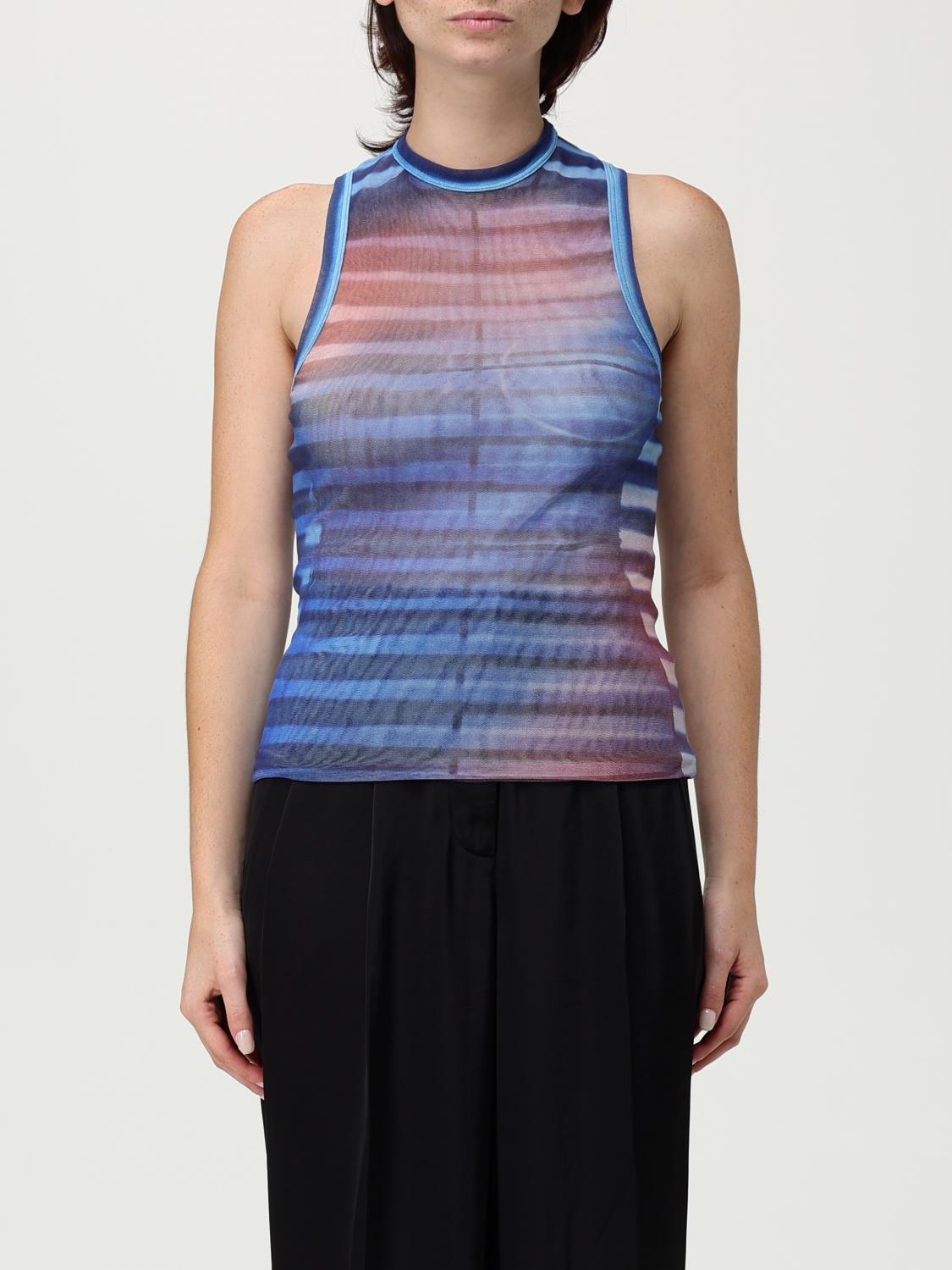 Jean Paul Gaultier Sleeveless Round Neck Striped Sheer Top In Blue