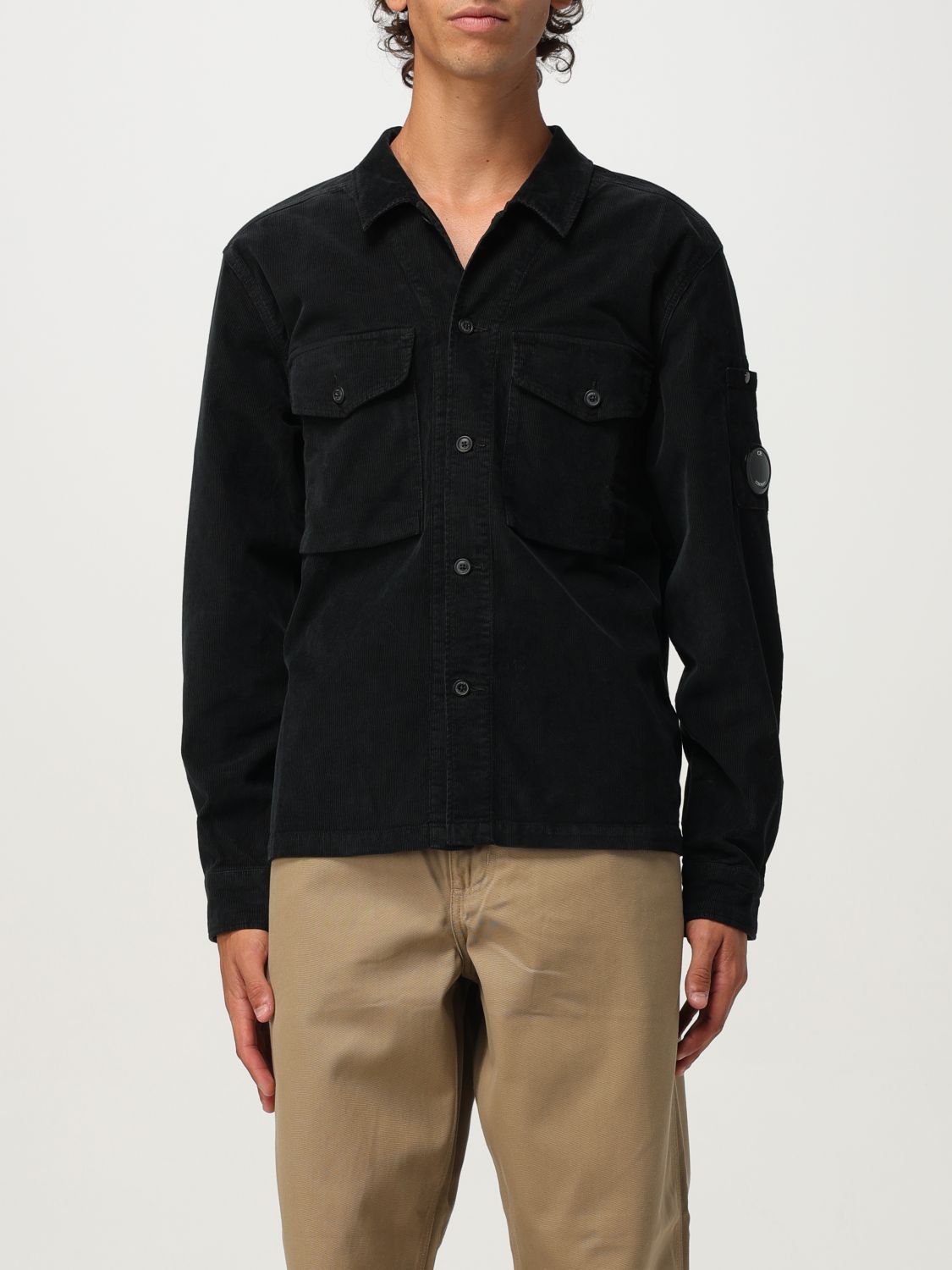 C.p. Company Textured Corduroy Overshirt With Pointed Collar In Black