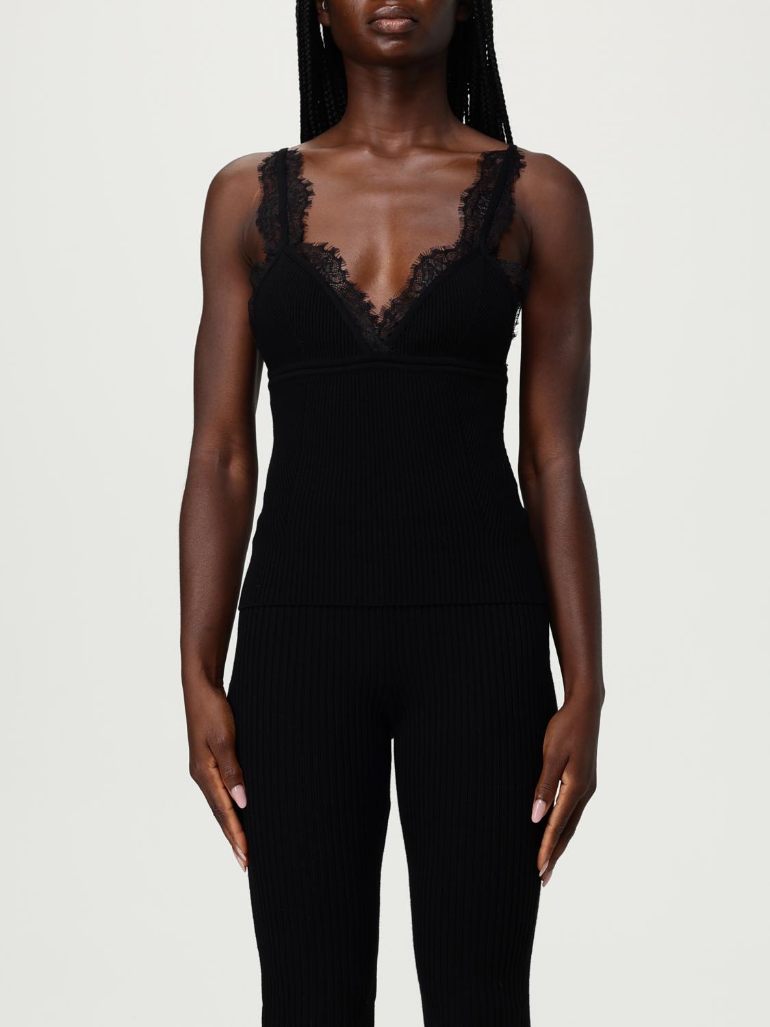 Blumarine Lace-trimmed Ribbed Top In Black