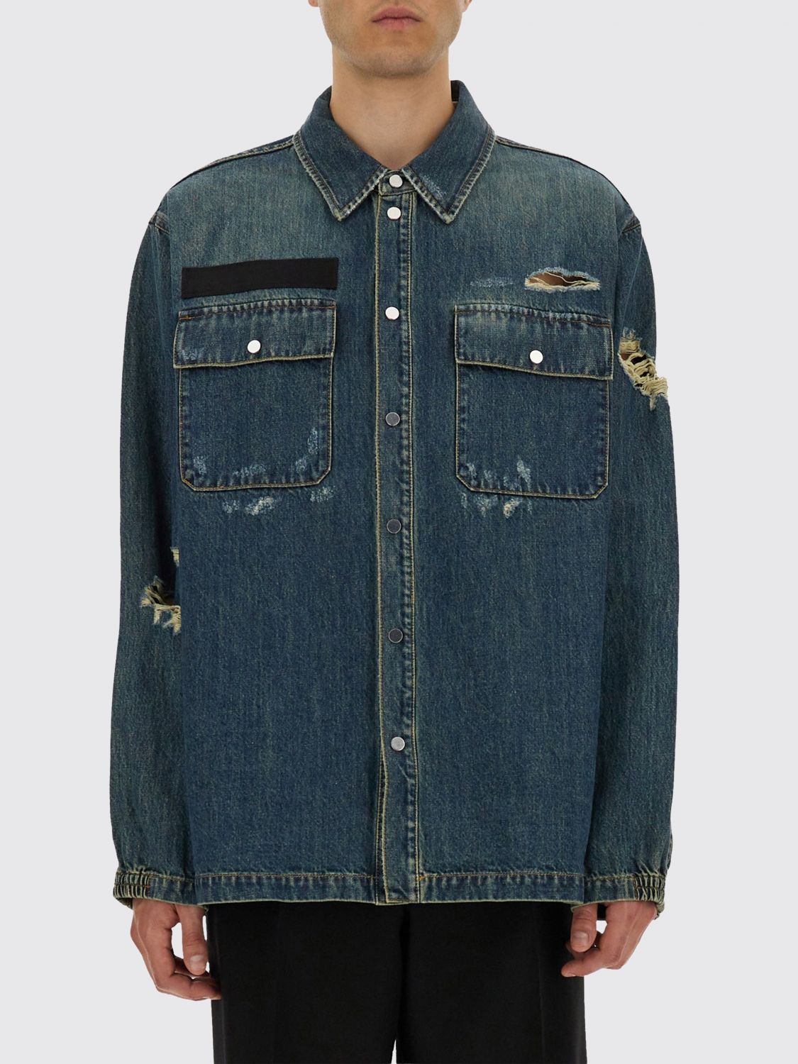 Helmut Lang Distressed Chest Pocket Long Sleeve Jacket In Blue