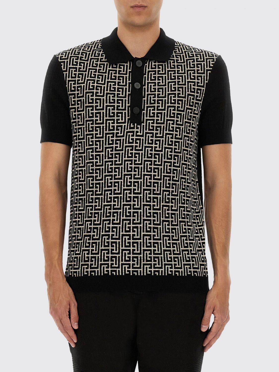 Balmain Wool And Linen Polo Shirt With Monogram Motif In Black