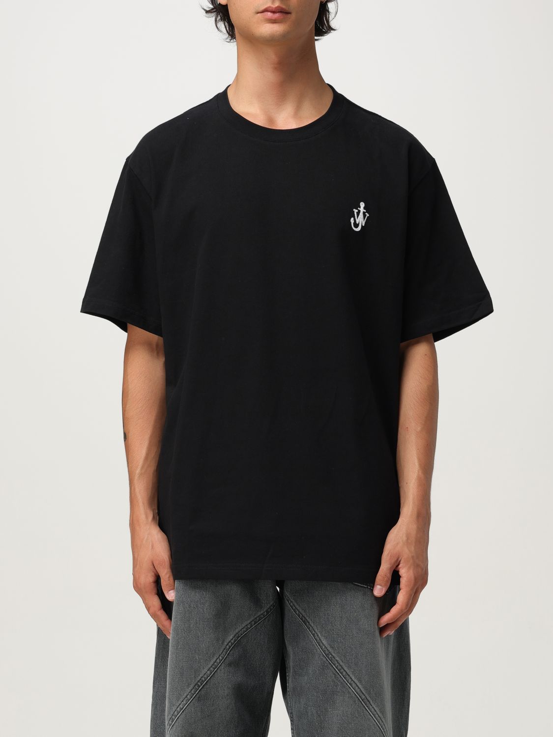 Jw Anderson Black Crewneck T-shirt With Anchor Embroidery On The Front In Black