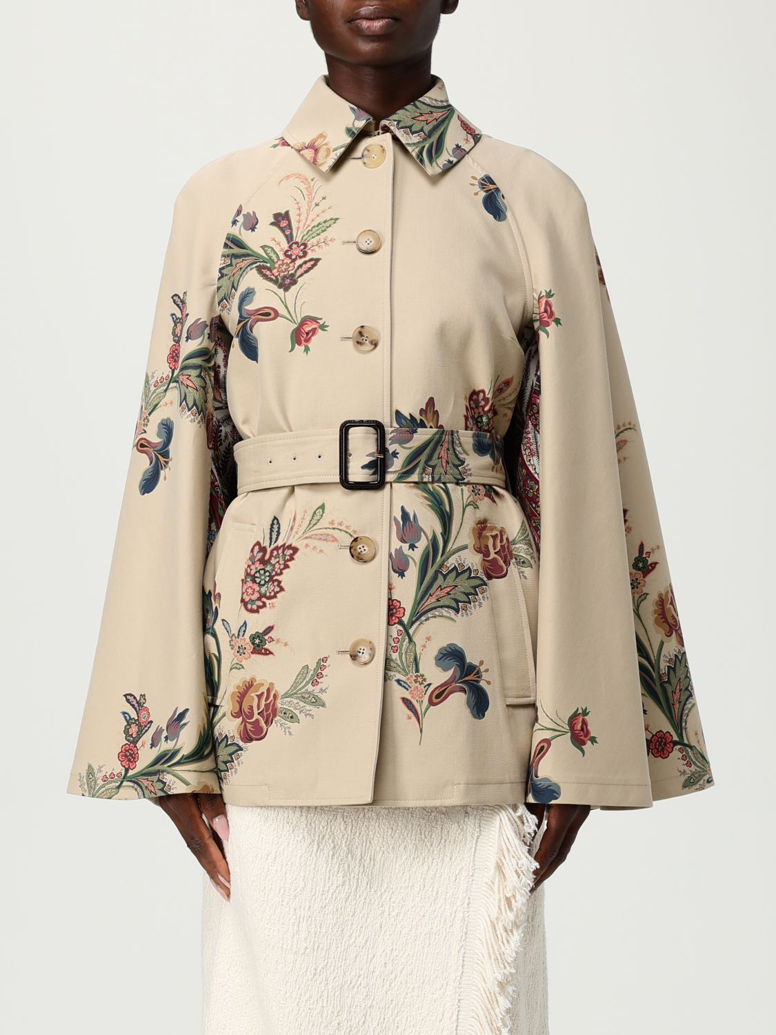 Etro Cape-effect Belted Printed Cotton-blend Twill Jacket In Neutral