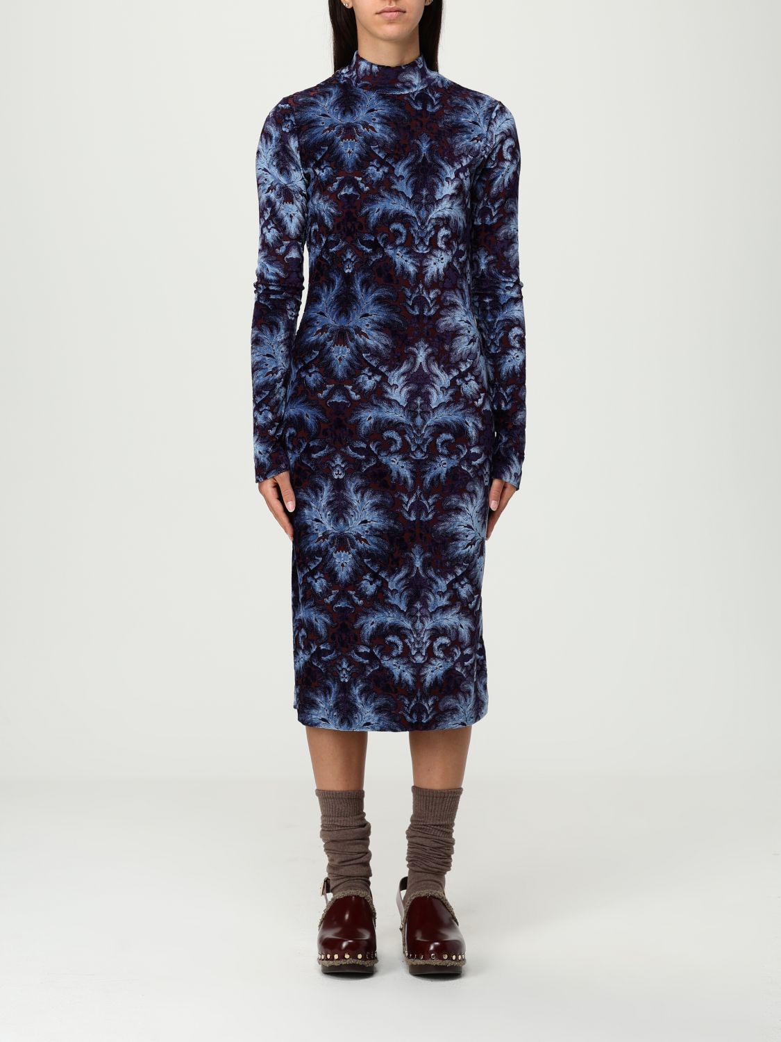 Etro All-over Pattern High-neck Midi Dress In Blue
