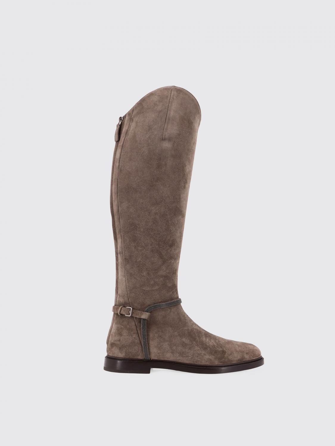 Brunello Cucinelli Suede Boots With Monili Detail In Gray
