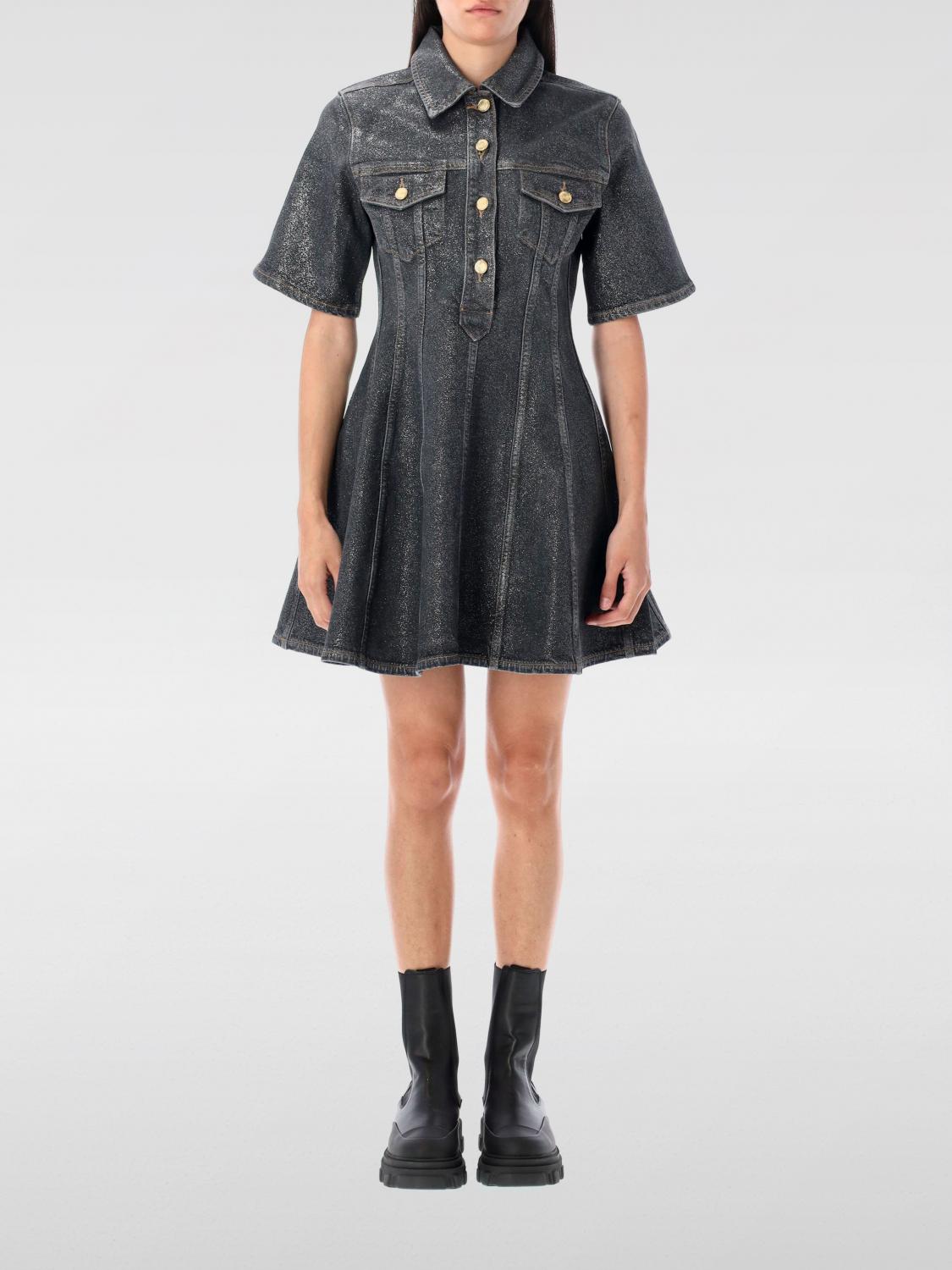 Ganni Shimmery Foil Denim Mini Dress In Black