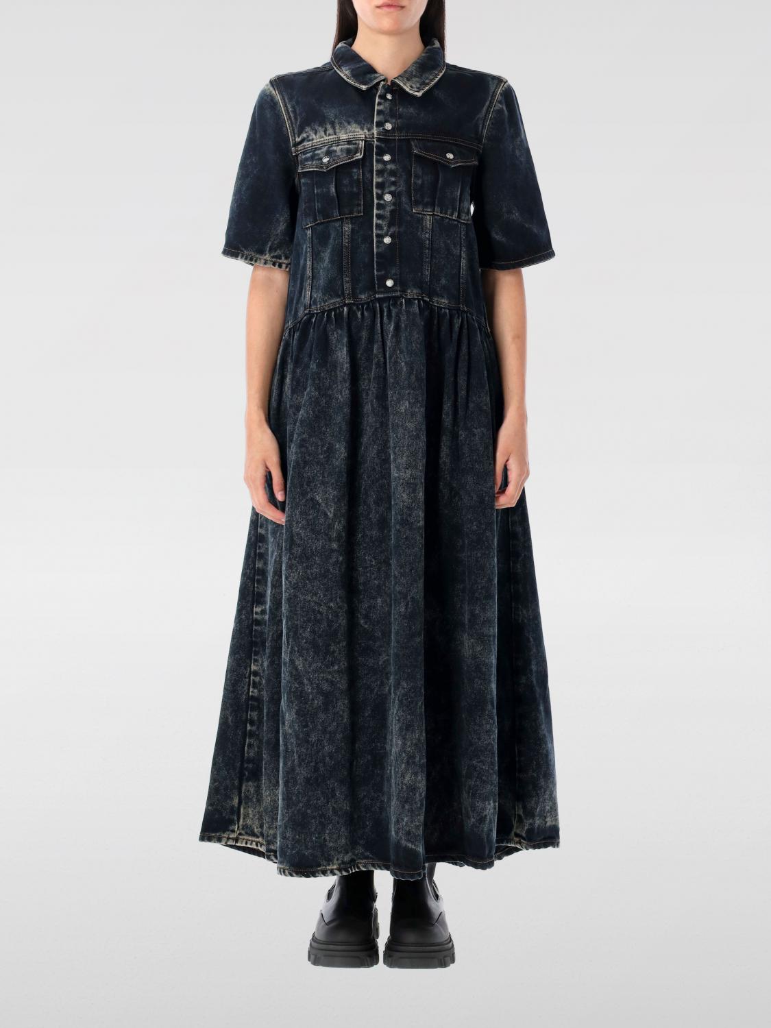 Ganni Washed Denim Maxi Dress In Black