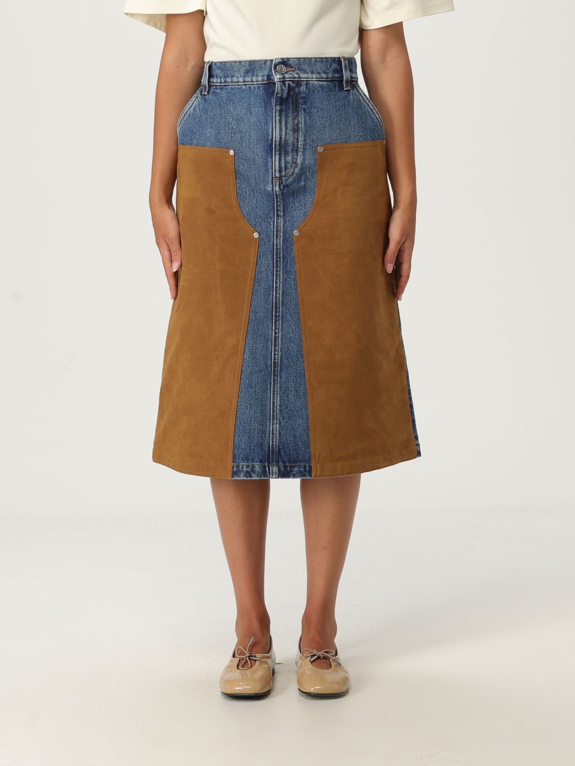 Stella Mccartney Faux Suede-trimmed Denim Midi Skirt In Blue