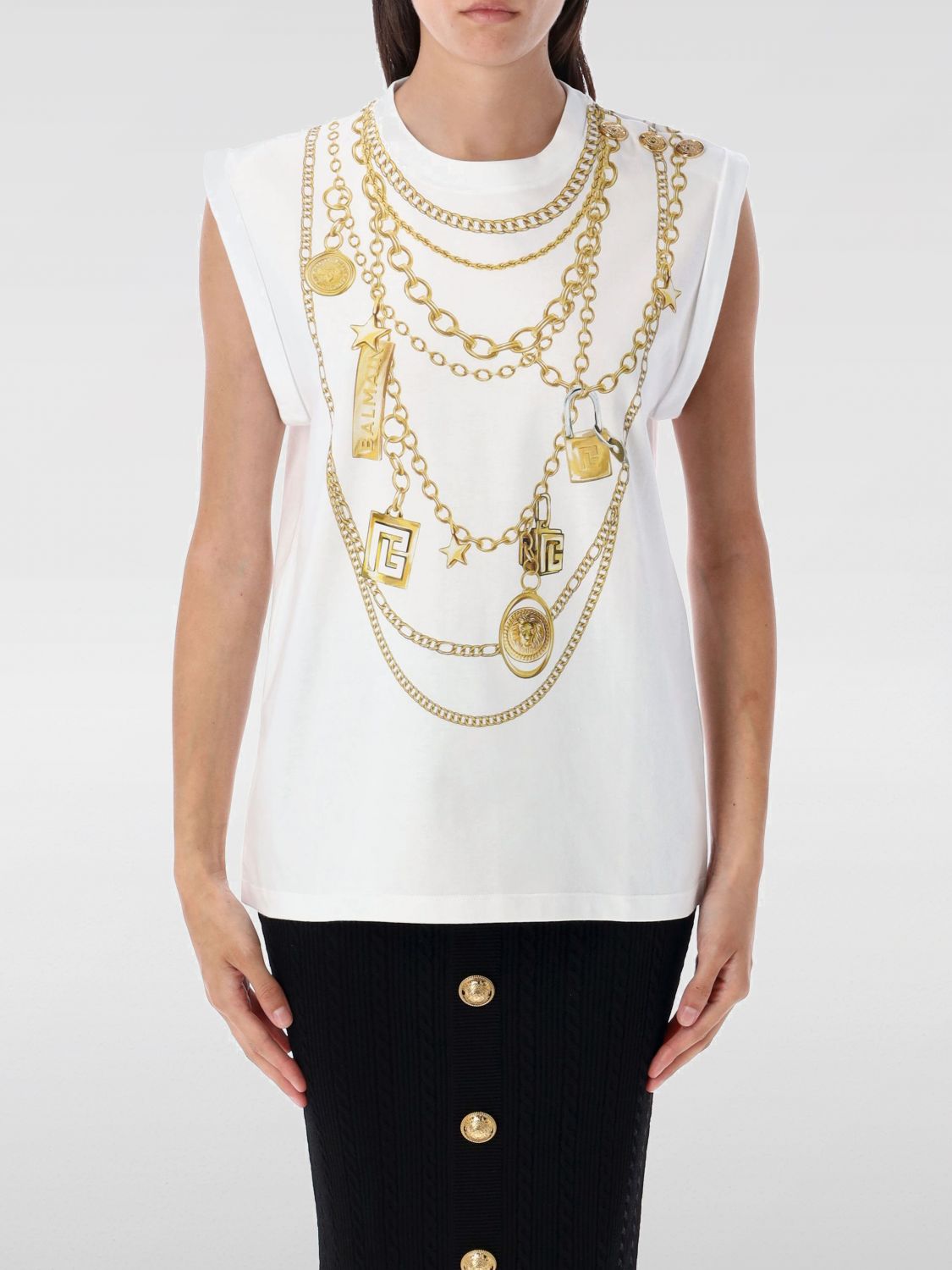 Balmain White Sleeveless Top With Maxi Necklace Print On Front And Rear In White