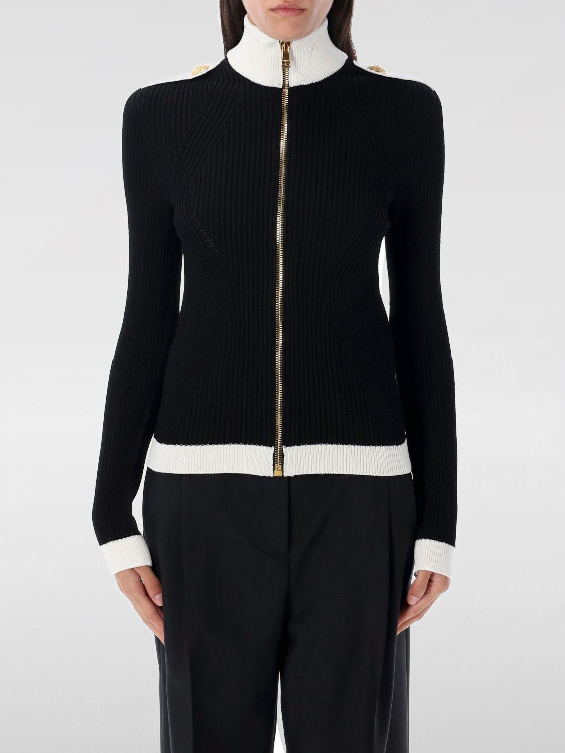 Balmain Two-tone Openwork And Ribbed Knit Cardigan In Black