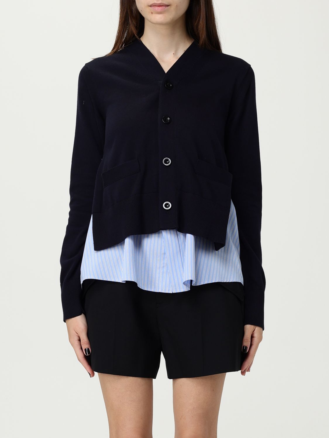 Sacai Cotton Cardigan With Mesh Inserts In Blue